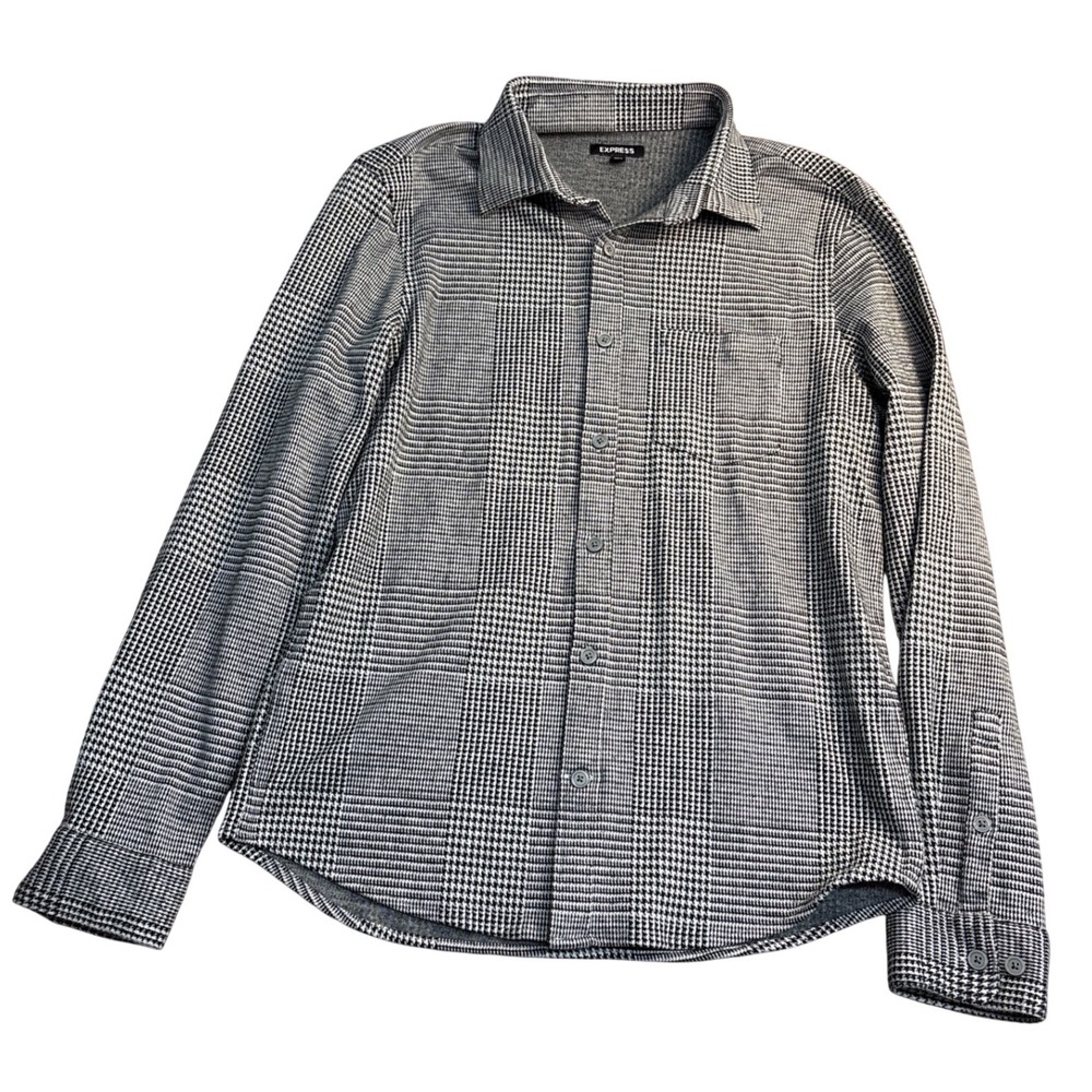 Express Mens Houndstooth Button Up Shirt Black White Long Sleeve Stretch Medium